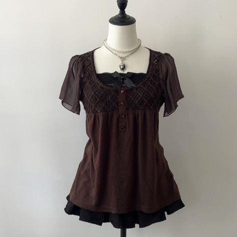 coquette japanese babydoll blouse, short chiffon... - Depop Brown Babydoll Top, Babydoll Top Outfit, Coquette Babydoll Top, 2000s Babydoll Top, Vintage Brown Top With Ruffles, Anna Sui Babydoll Dress, Babydoll Blouse, Chiffon Sleeves, Babydoll Top