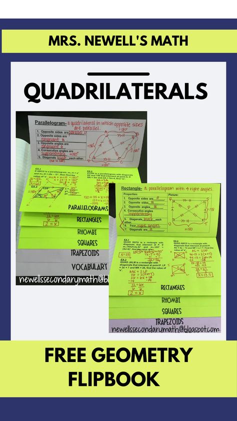 Free Quadrilaterals flipbook for the high school geometry class. Geometry Lessons High School, Geometry Classroom Decor High Schools, Quadrilaterals Project, Teaching Quadrilaterals, Middle School Geometry, High School Math Lesson Plans, Secondary Math Classroom, High School Geometry, Geometry Proofs