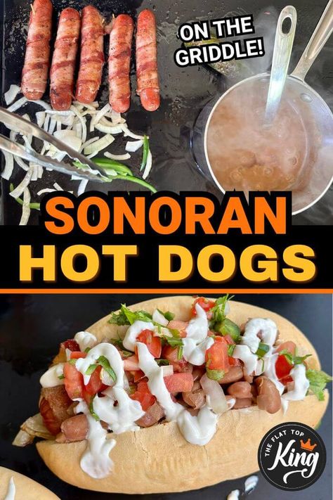 Looking for creative hot dog recipes to try this summer?  You've GOT to try these Sonoran hot dogs!  Sonora-style hot dogs may sound weird because of the toppings like pinto beans, pico de gallo, and mayo - but they are SO GOOD!  Easily one of my favorite hot dogs to make on the griddle... and the homemade pinto beans are fantastic, too! Mexican Street Hot Dogs Recipe, Sonora Hot Dogs, Sauerkraut Hot Dog, Blackstone Hot Dogs, Seasoned Hot Dogs, Mexican Hotdogs, Creative Hot Dog Recipes, Sonoran Hot Dog Recipe, Mexican Hot Dogs Recipes