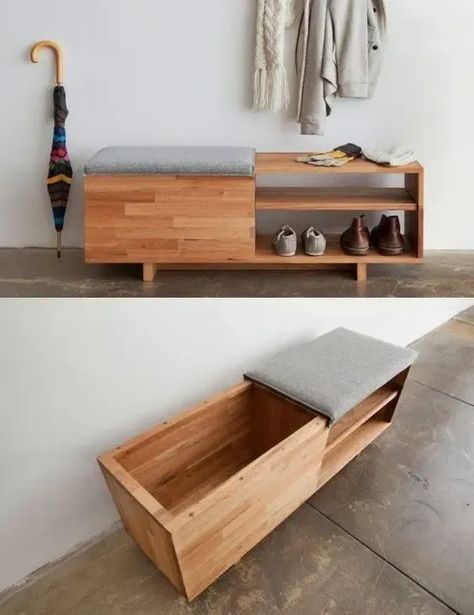 storing other stuff in a bench, not just shoes Modern Entry, Modern Entrance, Woodworking Box, Living Room Scandinavian, Bench With Shoe Storage, Apartment Decorating, Woodworking Furniture, Modern Sofa, Diy Storage