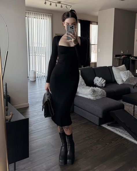 fall outfits lately 🖤 🍂 @princesspollyboutique code DOMINIQUE20 . . . . . fall outfits, black boots, affordable style, autumn alternative fashion, alt outfits, office goth, week of outfits, fall style inspo, emo outfits, girls with tattoos Sophisticated Goth Outfits, Fall Outfits Black Boots, Goth Boots Outfit, Clean Goth, Classy Goth, Goth Academia, Goth Office, Fall Outfits Black, Office Goth