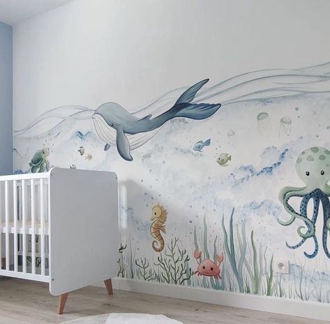 Baby Room Mural Ideas, Ocean Baby Rooms, Sea Nursery Theme, Ocean Themed Nursery, Sea Nursery, Themed Kids Room, Ocean Room, Baby Room Neutral, Baby Room Themes