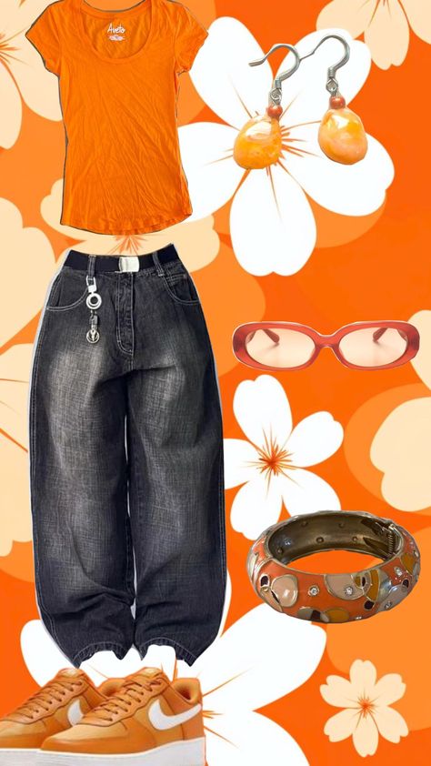 orange outfit🧡 Orange Y2k Outfit, Yellow And Orange Outfit, Orange Outfit Ideas, 2000s Outfit, Orange Outfit, Brown Outfit, Outfit Ideas, Cute Outfits, Comics