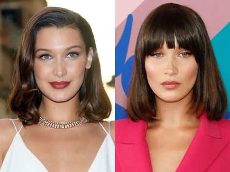 Hair, Head, Nose, Lip, Hairstyle, Eye, Skin, Chin, Forehead, Eyebrow, Bella Hadid Short Hair, Full Bangs Hairstyle, With And Without Bangs, Celebrity Bangs, Hair Without Bangs, Bella Hadid Hair, New Year New Hair, Celeb Hair, Bangs Hairstyle