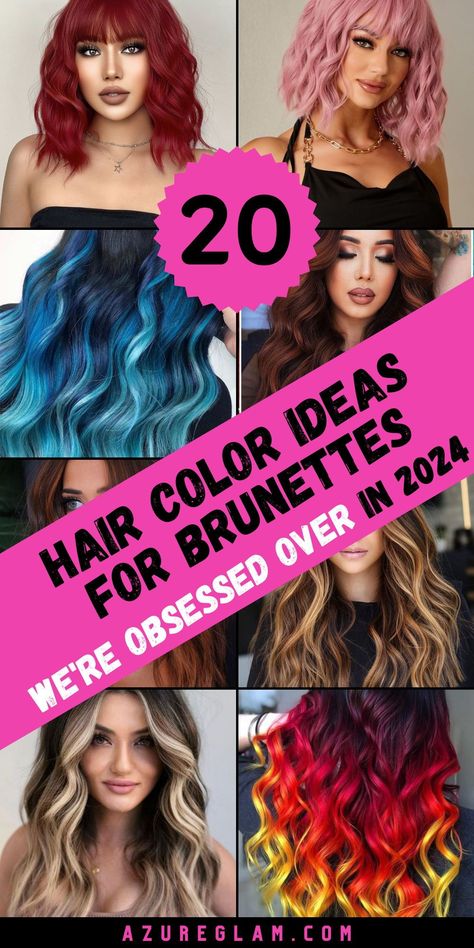 Elevate your style with "20 Hair Color Ideas for Brunettes in 2024." Our expert guide showcases a diverse range of options, from highlights to balayage, perfect for brunettes looking to switch up their look. Whether you prefer short and sassy or long and bold, these hair color ideas offer a world of possibilities. Embrace the autumn and winter vibes or go for a trendy ombre effect—2024 is your year to shine. Dark Rainbow Hair Color Ideas, Fun Bright Hair Color Ideas, Attic Fox Hair Dye, Fashion Hair Color Trends 2024, Vivid Hair Color Ideas For Brunettes Short Hair, Colored Balayage Hair, Bright Hair Color Ideas For Brunettes, Color Block Hair Brunette, Different Ways To Dye Your Hair