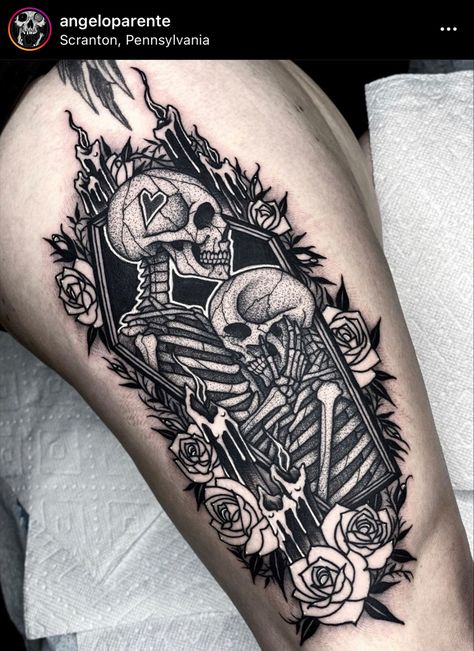 Coffin Tattoo, Lovers Tattoo, Tarot Tattoo, Tarot Card Tattoo, Panda Tattoo, Skeleton Tattoos, Tattoos For Lovers, Text Tattoo, Spooky Tattoos