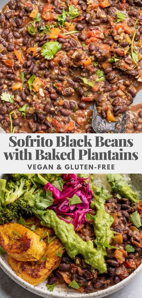 Easy sofrito black beans using fresh homemade sofrito ingredients. Served with baked sweet plantains for a nourishing and easy to make weeknight dinner. Homemade Sofrito, Baked Plantains, Sweet Plantains, Recipes By Ingredients, Indian Vegetarian Recipes, Plantain Recipes, Black Bean Recipes, Vegan Dinner Recipes, Bean Recipes