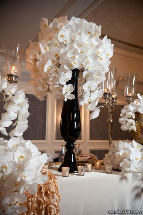 Baby Reception, Orchid Centerpieces, Black Gold Wedding, Table Designs, Black White Wedding, Floral Studio, Wedding Balloons, White Orchids, Wedding Tablescapes