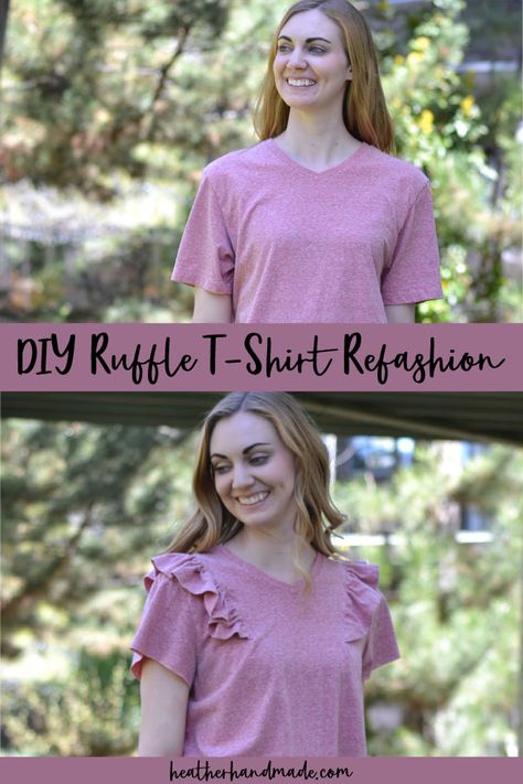 Adding Ruffles To A Shirt, Diy Ruffle Sleeve Tshirt, T Shirt Hem Ideas, Refashioned T Shirts, Add Ruffles To Shirt Diy, Altered T Shirts Diy, T Shirt Diy Refashion, Sewing Refashion, Sewing Upcycle