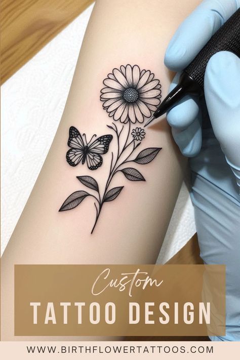 Minimal Daisy Flower and Butterfly Tattoo – April Birth Flower Design Flower And Butterfly Tattoo, Butterfly Simple, Butterfly With Flowers Tattoo, April Birth Flower, Daisy Tattoo, Flower And Butterfly, Birth Flower Tattoos, Delicate Butterfly, Custom Tattoo Design