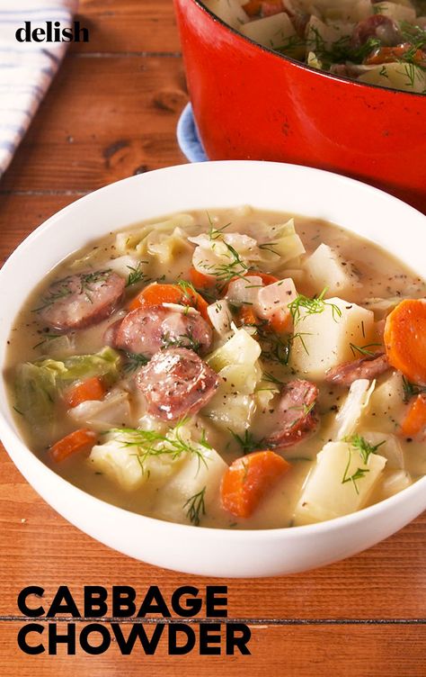 Cabbage Chowder Is The Only Way To Survive WinterDelish Cabbage Chowder, Cabbage Potato Soup, Kielbasa And Cabbage, Sausage Soup Recipes, Cabbage And Potatoes, Cabbage And Sausage, Chowder Recipe, Sausage Soup, Chowder Recipes