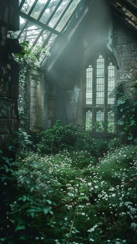 Fantasy Abandoned House, Overgrown Wallpaper, Green Vines Wallpaper, Green + Core + Aesthetic, Abandoned Places Aesthetic, Forest House Aesthetic, Overgrown Aesthetic, Nature Academia, Abandoned Forest