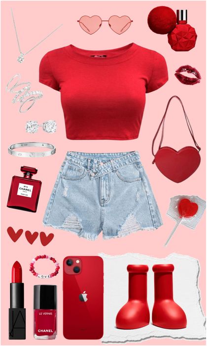 Red Outfit Collage, Red Outfits For School, Red Outfits Summer, Cute Red Outfits, Red Summer Outfits, Big Red Boots, Color Picnic, Basic White Girl Outfit, Red Outfit Ideas