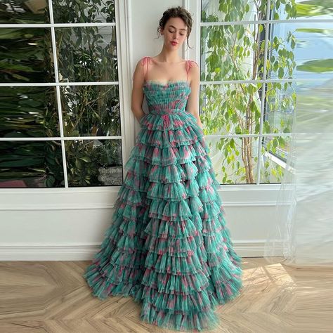 Whimsical Prom Dress, Pastel Gown, Pink And Green Dress, Teuta Matoshi, Tulle Prom Dresses, Whimsical Dress, Dress Code Wedding, Draped Bodice, Prom Dresses Sleeveless