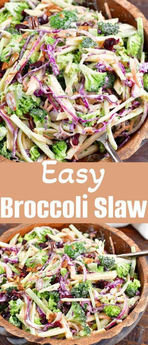 Homemade Broccoli Slaw is vibrantly colored and equally as bright in flavor! Fresh, crisp vegetables are tossed with a perfect balance of sweet and crunchy ingredients like dried berries, apples, and nuts. To make it even better, the slaw features in an easy to make slaw dressing that's creamy, sweet, and tangy. Brocolli Slaw Salad, Broccoli Slaw Dressing, Broccoli Cole Slaw, Creamy Slaw, Broccoli Slaw Salad, Broccoli Slaw Recipes, Slaw Salad, Picnic Side Dishes, Slaw Dressing