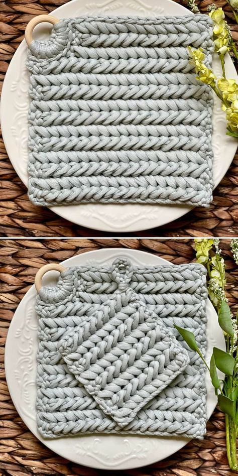 Use the unique qualities of bulky fabric yarn to your advantage and make one-of-a-kind stylish trivets. As you can see below, simple design by Dana features lovely herringbone stitch. Wooden ring detail not only looks great, but is very useful - you can hang it when it's not needed. #fabriccrochet #fabricyarn #freecrochetpattern #crochetwithfabric #crochettrivet Crochet Trivet Free Pattern, Trivet Crochet Pattern, Free Hobbies, Crochet Trivet, Bulky Yarn Patterns, Crochet Pot Holders Free Pattern, Crochet Potholder Patterns, Fabric Crochet, Crochet Rag Rug