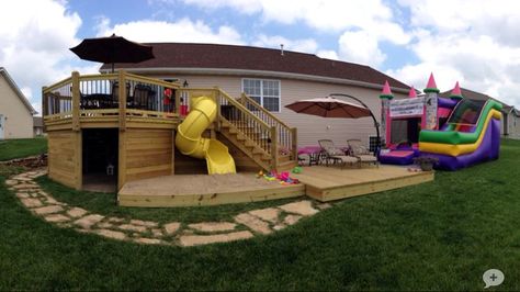 playhouse under deck | Deck with slide, sandbox, and playhouse Deck With Slide, Landscaping Around Deck, Outside Playhouse, Deck Slide, Under Deck, Garden Playhouse, Diy Playhouse, Build A Playhouse, Under Decks