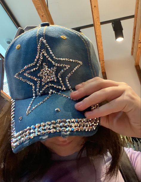 Denim Cap Outfit, Jlo Concert, Bedazzled Hat, Bktherula Aesthetic, Y2k Hats, Diy Y2k, Trashy Aesthetic, Y2k Hat, Rhinestone Denim