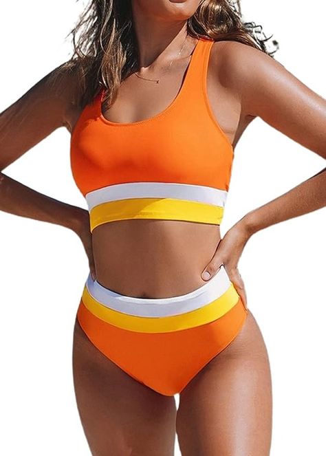 Amazon.com: Hilinker Women's High Waisted Bikini Cut Out Sports Crop Top Color Block Swimsuit : Clothing, Shoes & Jewelry Sports Crop Top, Colorblock Swimsuit, Crop Swim Top, Swimwear Pattern, Sport Bikinis, Sports Crop Tops, Orange Swimsuit, Yellow Swimsuits, Perfect Swimsuit