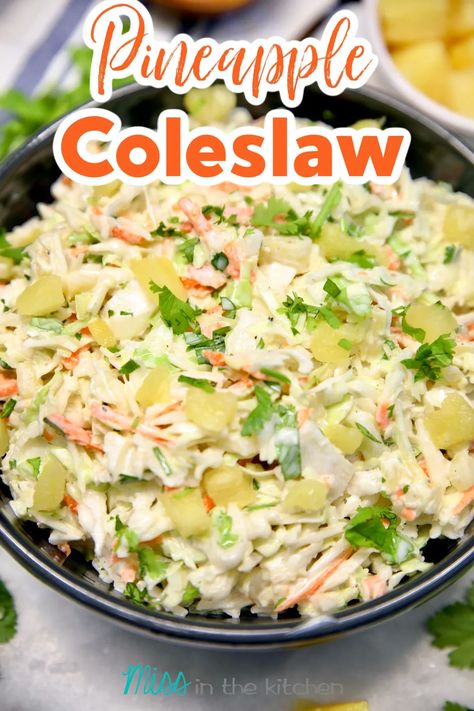 Add this quick and easy Pineapple Slaw to your must-try list for a family favorite side dish that is ready in about 5 minutes. Coleslaw With Pineapple, Pineapple Coleslaw Recipe, Pineapple Slaw, Pineapple Coleslaw, Mediterranean Salad Recipe, Grilled Side Dishes, Big Family Meals, Fresh Summer Salad, Grilling Sides