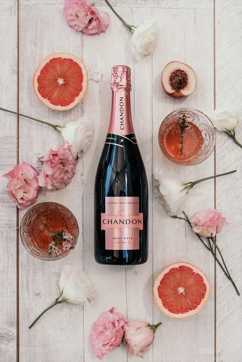 Just Add: - Chandon Brut Rose - Fresh Grapefruit Juice - Sparkling Water - Garnish with an edible flower ENJOY! Floral Flatlay, Chandon Rose, Rose Spritz, Wine Photography, Decoration Photo, Alcohol Bottles, Food Drink Photography, Wine And Liquor, Pretty Drinks