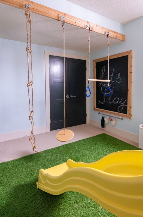 Basement Playroom Ideas Unfinished, Play Area In Unfinished Basement, Play Area In Garage, Basement Toddler Play Area, Kids Garage Playroom, Unfinished Basement Play Area, Basement Kids Play Area, Basement Daycare Ideas, Ninja Basement