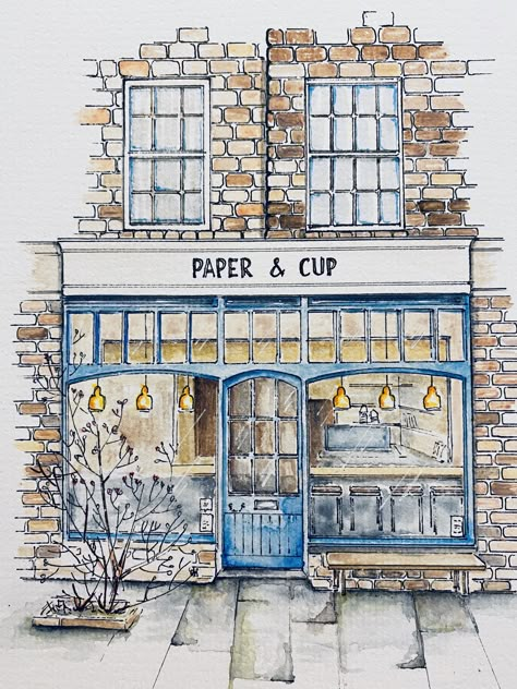 Building Illustration Watercolor, Watercolor Sketch Architecture, Urban Sketching Cafe, Watercolour Buildings Paintings, Cafe Sketch Drawing, Book Store Sketch, Storefront Sketch, Urban Watercolor Sketching, Cafe Shop Drawing