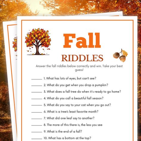 This Party Games item is sold by HappytimesGames. Ships from United States. Listed on Oct 18, 2024 Thanksgiving Youth Activities, Fall Games For Kids, Autumn Games, Fall Party Games, Riddle Games, Riddles For Kids, Fall Classroom, Fall Games, Family Party Games