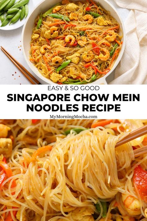 Singapore Chow Mein, Singapore Noodles Easy, Chicken Chow Maine Recipes, Chow Mein Sauce Recipe, Easy Singapore Noodles Recipe, Glass Noodles Recipe, Chinese Noodle Recipes, Singaporean Food, Chicken And Sweetcorn Soup