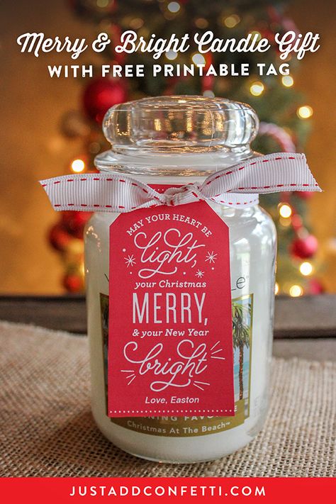 This super simple Merry and Bright Candle Gift idea is such a sweet way to dress up a candle for your Christmas gift giving. All you need is your favorite scented candle, ribbon, and the free printable gift tag! #Christmasgiftidea #freeprintable #Christmas Candle Christmas Gift Tag, Candle Sayings Gift Ideas Free Printable, Candle Gift Tags Printable Labels, Candle Gifts For Teachers, Candle Gift Ideas Christmas, Diy Christmas Neighbor Gifts, Christmas Candle Sayings, Teacher Candle Gift Tag Free Printable, Candle Teacher Appreciation Gift Tag