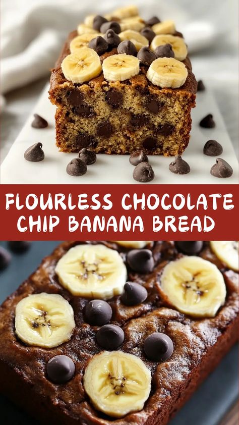 4-Ingredient Flourless Chocolate Chip Banana Bread is a simple, healthy treat made with ripe bananas, peanut butter, eggs, and chocolate chips. This moist and delicious banana bread is naturally sweetened and gluten-free, making it a perfect guilt-free indulgence for any time of day. Whether you're looking for a quick breakfast or a tasty snack, this recipe is easy to follow and packed with flavor. Don’t miss out on this delicious bread—try making it today and share your experience with us! Flourless Chocolate Chip Banana Bread, 4-ingredient Flourless Chocolate Chip Banana Bread, Healthy Banana Bread With Chocolate Chip, Banana No Flour Recipes, 6 Ingredient Banana Bread, Banana Bread With Ripe Bananas, Keto Chocolate Chip Banana Bread, Flourless Peanut Butter Banana Bread, Healthy Banana Baking