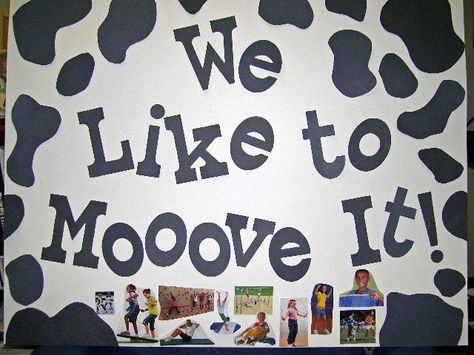 Health And Pe Bulletin Board, Physical Therapy Bulletin Board, Physical Education Decorations, Exercise Bulletin Board Ideas, Physical Therapy Bulletin Board Ideas, Gym Bulletin Board Ideas, Farm Bulletin Board Ideas, Cow Classroom, Cafeteria Bulletin Boards