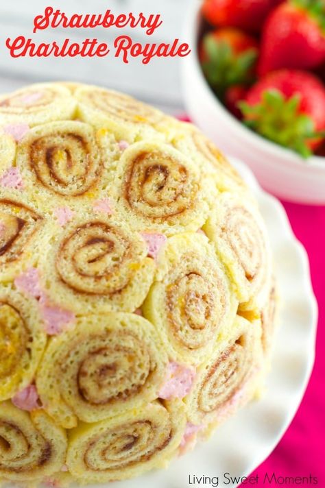 Strawberry Charlotte Royale Cake - This amazing strawberry cake is easy, delicious and beautiful. Jelly roll slices are filled with Berry Bavarian Cream. Strawberry Charlotte, Charlotte Royale, Jelly Roll Cake, Strawberry Cake Easy, Royal Cakes, International Desserts, Bavarian Cream, Cake Rolls, Tea Ideas