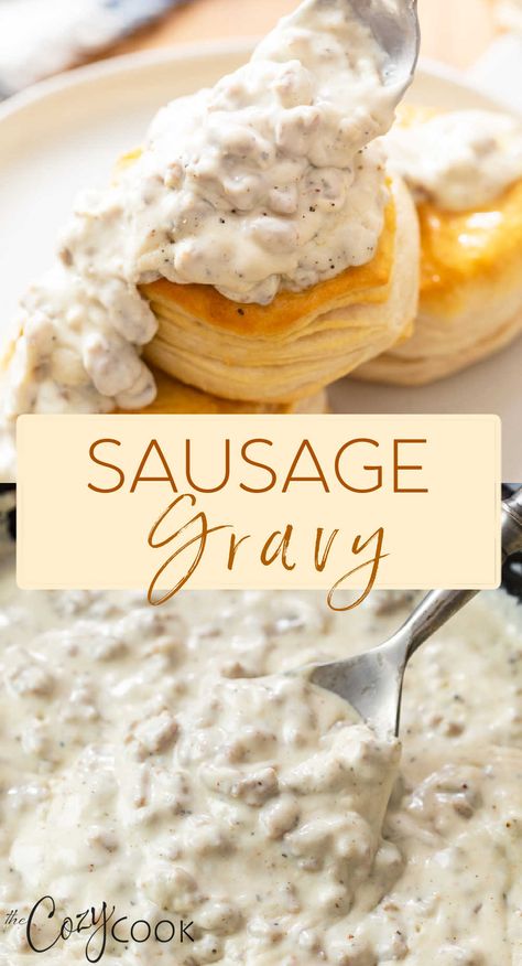 sausage gravy on top of biscuits and sausage gravy in a pot with a silver spoon. Best Sausage Gravy, Easy Sausage Gravy, Breakfast Gravy, Chef Girl, Best Biscuits And Gravy, Homemade Sausage Gravy, Leftover Gravy, Gravy From Scratch, Sausage Gravy And Biscuits