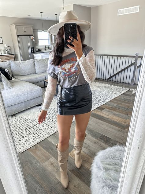 Leather Skirt Rodeo Outfit, Country Concert Leather Skirt, Leather Skirt Concert Outfit, White Lace Bodysuit Outfit, Wallen Outfit, Boots And Mini Skirt, Country Concert Style, Morgan Wallen Outfit, Lace Bodysuit Outfit