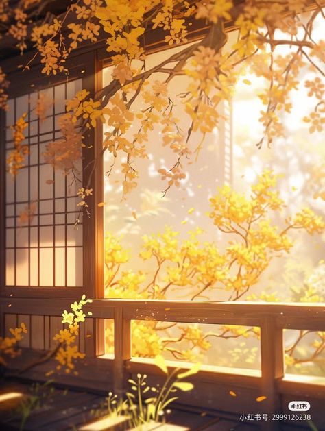 Yellow Anime Background, Yellow Japanese Aesthetic, Whimsical Art Journal, Mountain Landscape Photography, Dream Painting, Japanese Art Prints, Dreamy Landscapes, Pretty Backgrounds, Japanese Landscape