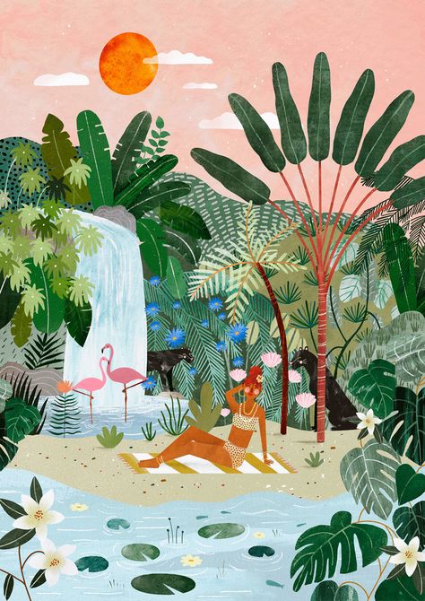 Number Wall Art, Illustration Kunst, Jungle Illustration, Art Et Illustration, Secret Places, Travel Prints, Tropical Plants, Cat Lover, Palm Trees