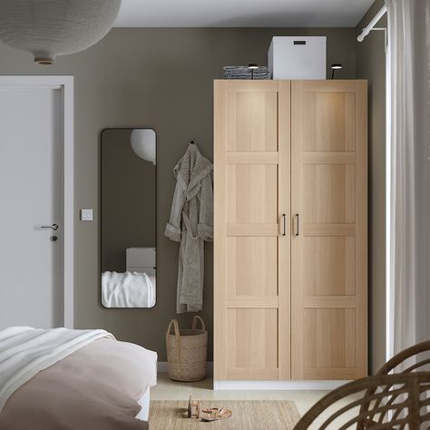 PAX / BERGSBO Wardrobe, white/white stained oak effect, 100x60x201 cm - IKEA Spain Ikea Pax Wardrobe White Stained Oak, Ikea Pax Wardrobe Wood, Ikea Freestanding Wardrobe, Pax Oak Wardrobe, Bergsbo Wardrobe, Scandinavian Wardrobe, Dressing Pax, Armoire Pax, Cottage Bath