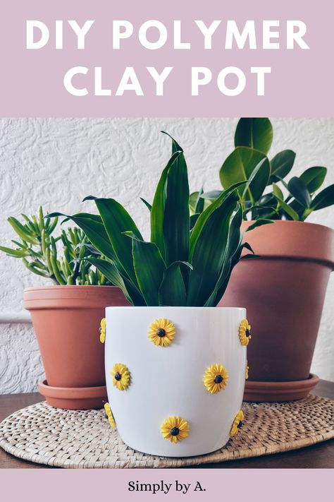 flower pot with polymer clay sunflowers details on it Sculpey Plant Pot, Polymer Clay Flower Pots Decorate, Flower Pot Clay Art, Polymer Clay On Terra Cotta Pots, Polymer Clay Flower Pot, Clay Pot For Plants, Polymer Clay Terracotta Pot, Clay Planters Diy, Clay Flower Pots Handmade