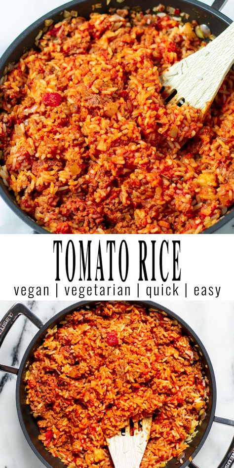 Tomato Rice is a super quick 15 minute meal that the whole family will love. A basic recipe made from pantry staples like tomato sauce and tomato paste. Serve this and you can be sure even the pickiest eaters will eat it. #vegan #dairyfree #vegetarian #freezermeals #mealprep #contentdnesscooking #tomatorice #basicrecipes Tomato Sauce And Rice, Tomato Rice Recipe, Mujadara Recipe, Tomato Paste Recipe, Easy Mediterranean Recipes, Vegan Ground Beef, Vegan Casserole, Tomato Rice, Sauce For Rice