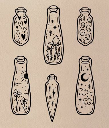 Brighton Tattoo, Horrible Tattoos, Sparkle Tattoo, Bottle Decorations, Bottle Tattoo, Bottle Drawing, Mushroom Tattoos, Sun Tattoo, Cute Doodles Drawings