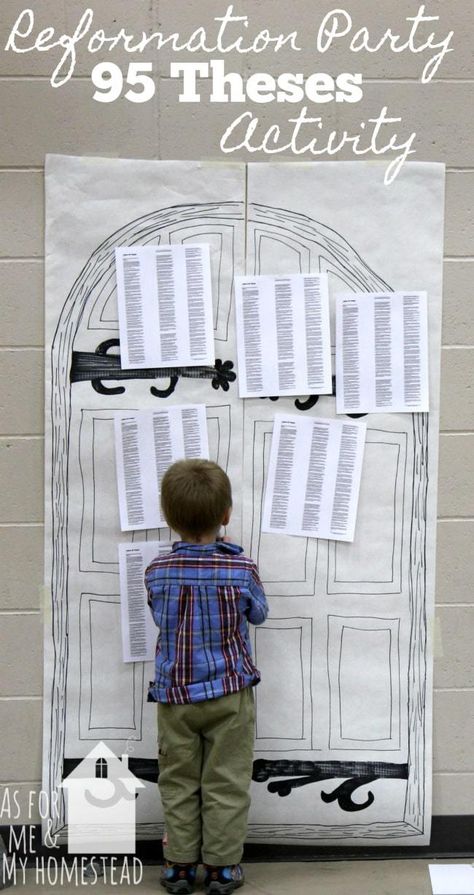 Nailing the 95 Theses on the door at Reformation Party- 500 years 95 Theses Printable, Reformation Party Ideas, Reformation Day Crafts, Reformation Day Party, Reformation Day Homeschool, Reformation Day For Kids, Reformation Activities For Kids, Reformation Day Activities, Teaching The Reformation