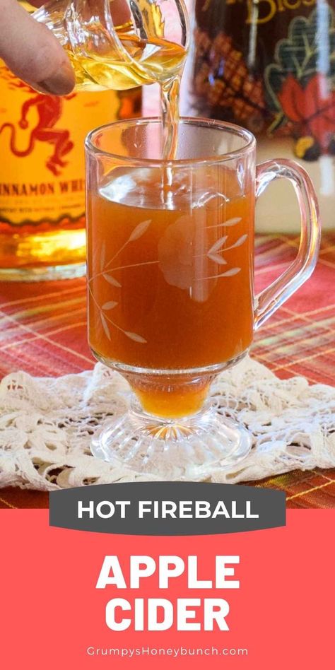 This hot toddy is made with Fireball cinnamon whisky and warm cider. This Fall cocktail will have you toasty and warm in even the chilliest of days or evenings! It is the perfect adult beverage to serve in the fall when the apples are in season and fresh cider is abundant. Get this drink recipe and more at Grumpy's Honeybunch website. Apple Cider With Fireball, Fireball Apple Cider, Cider Alcohol Drinks, Apple Cider Alcohol, Fireball Cocktails, Fireball Drinks, Spiked Cider, Sipping Chocolate, Peanut Butter Hot Chocolate