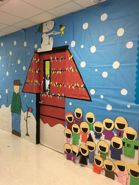 Christmas Song Themed Door Decoration, Charlie Brown Hallway Decorations, Charlie Brown Christmas Classroom Decorations, Charlie Brown Christmas School Hallway, Charlie Brown Christmas Door Classroom, Charlie Brown Classroom Door, Charlie Brown Christmas Classroom Door, Charlie Brown Christmas Hallway Decorations, Charlie Brown Door Decorating Ideas