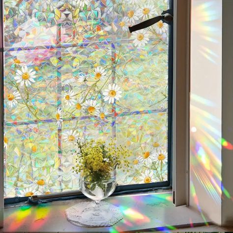 Colorful Daisy Birds Prismatic Window Film Reusable No - Temu Stain Glass Stickers, Window Film Pattern, Rainbow Daisy, Dream Bedroom Inspiration, Stained Glass Window Film, Window Color, Window Sizes, Static Cling, Window Clings