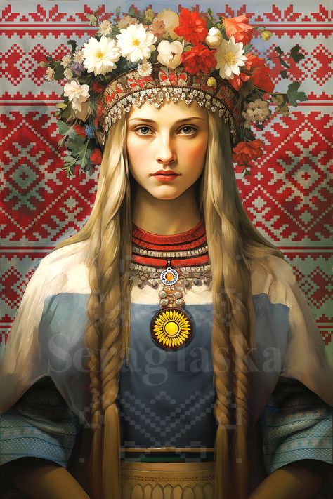 Vintage picture of the slavic goddess Lada, wearing a flower crown and traditional slavic costume. Behind her traditional slavic folk pattern. Slavic Art, Lada Goddess, Slavic Names, Slavic Beauty, Slavic Deities, Slavic Witch Art, Vesna Slavic Goddess, Triglav Slavic God, Veles Slavic God