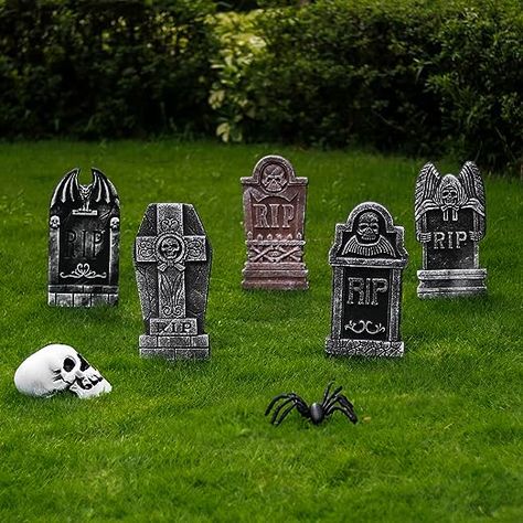 What a fun idea! Foam Tombstones, Graveyard Tombstones, Halloween Headstone, Headstones Decorations, Halloween Gravestones, Unique Halloween Decorations, Weird Design, Tombstone Designs, Halloween Lawn