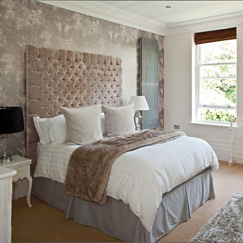 Luxurious subtle patterned bedroom | housetohome.co.uk Taupe Headboard Bedroom, Taupe Headboard, Studded Headboard, Taupe Bedroom, Headboard Bedroom, Bedroom Colour Palette, Bedroom Pictures, Bedroom Color, Pink Bedroom