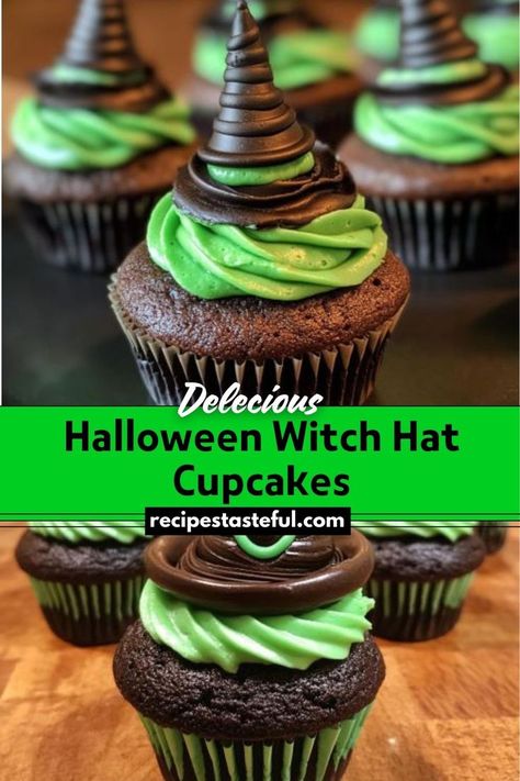 These Halloween Witch Hat Cupcakes are a fun and festive dark chocolate treat with a colorful cream cheese filling and topped with whimsical witch hat decorations. Ideal for Halloween parties, these cupcakes are sure to impress with their spooky yet delightful appearance. Witch Hat Cupcakes, Halloween Cupcakes Decoration, Hat Cupcakes, Witch Cupcakes, Dark Chocolate Frosting, Dark Chocolate Cupcakes, Whimsical Witch, Homemade Frosting, Festive Desserts