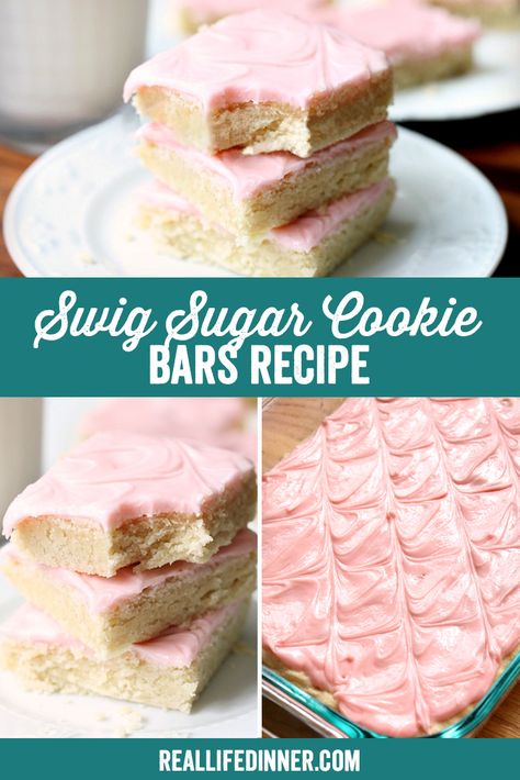 THE BEST SUGAR COOKIE BARS OUT THERE! Swig Sugar Cookie Bar Recipe by Real LIfe DInner ~ https://reallifedinner.com Swig Recipes, Swig Sugar Cookie Recipe, Sugar Cookie Bar, Sugar Cookie Bars Recipe, Swig Cookies, Sweets Board, Swig Sugar Cookies, Sugar Cookie Bar Recipe, Pinterest Collage